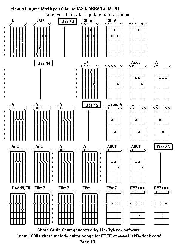 Chord Grids Chart of chord melody fingerstyle guitar song-Please Forgive Me-Bryan Adams-BASIC ARRANGEMENT,generated by LickByNeck software.